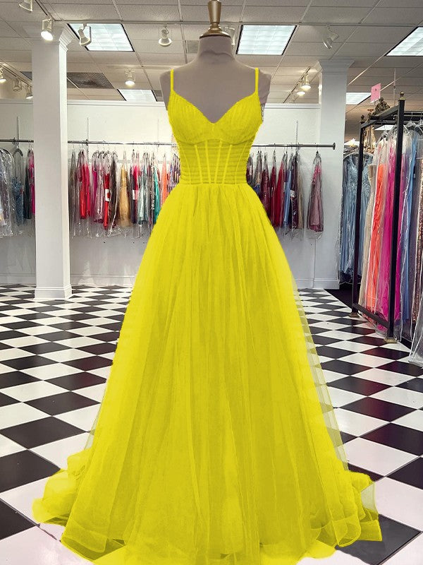 A-Line/Princess Tulle Ruffles V-neck Sleeveless Sweep/Brush Train Prom Dress