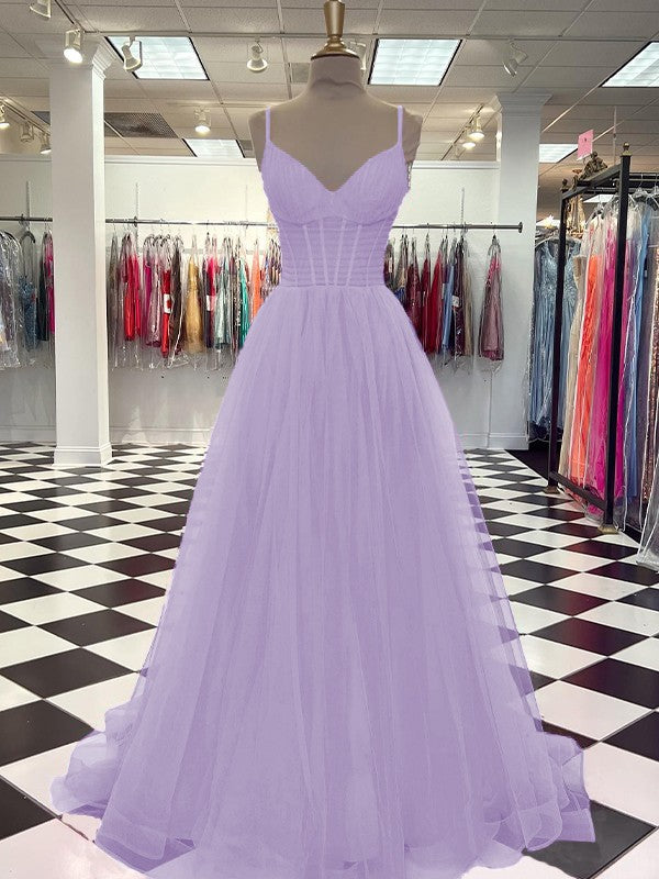 A-Line/Princess Tulle Ruffles V-neck Sleeveless Sweep/Brush Train Prom Dress