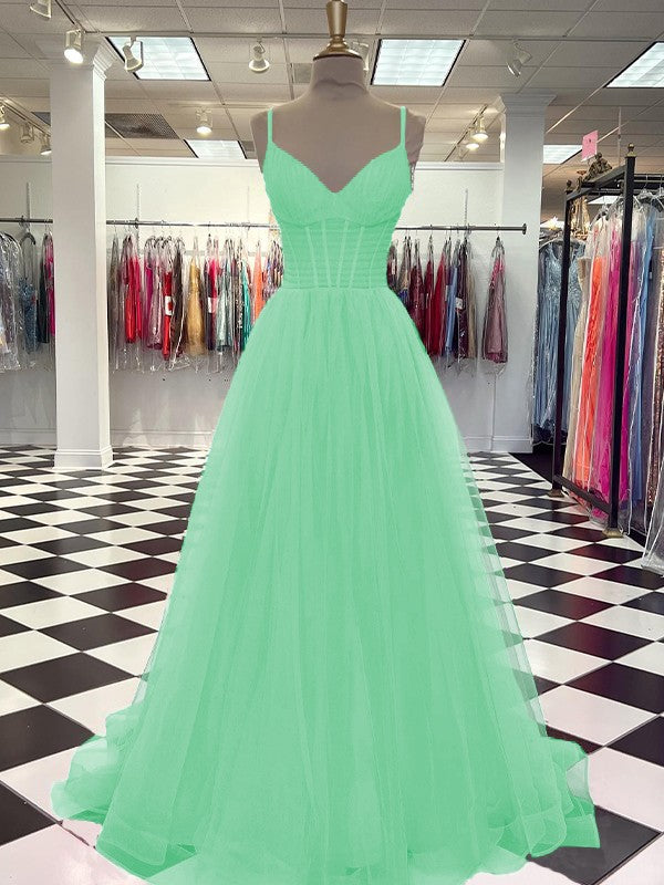 A-Line/Princess Tulle Ruffles V-neck Sleeveless Sweep/Brush Train Prom Dress