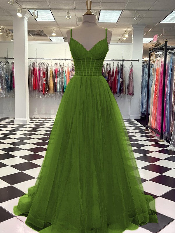 A-Line/Princess Tulle Ruffles V-neck Sleeveless Sweep/Brush Train Prom Dress