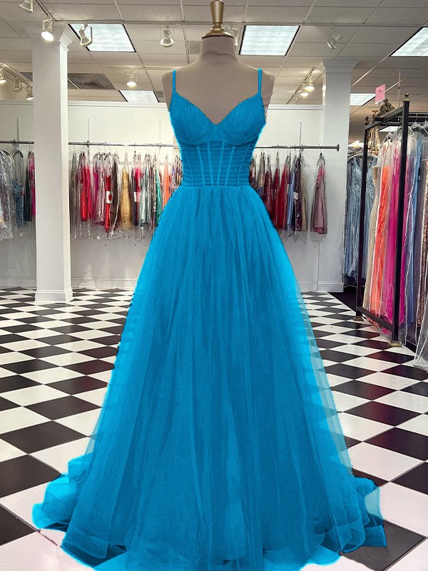 A-Line/Princess Tulle Ruffles V-neck Sleeveless Sweep/Brush Train Prom Dress