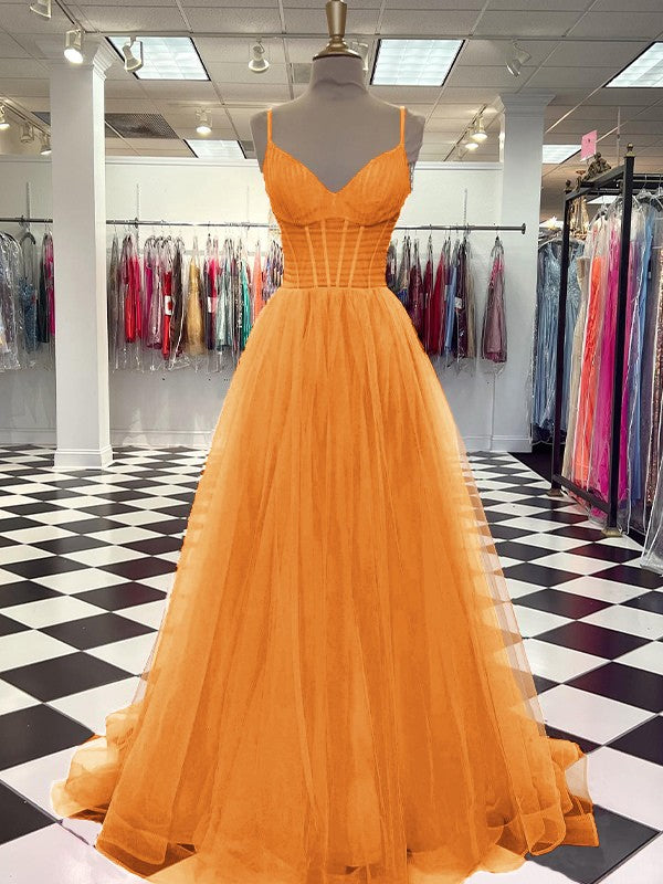 A-Line/Princess Tulle Ruffles V-neck Sleeveless Sweep/Brush Train Prom Dress