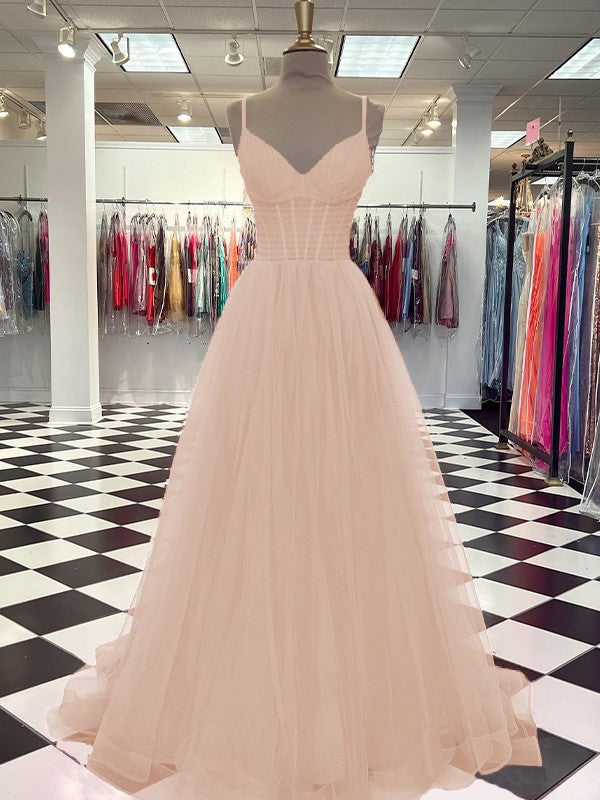 A-Line/Princess Tulle Ruffles V-neck Sleeveless Sweep/Brush Train Prom Dress