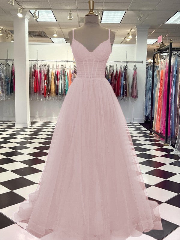 A-Line/Princess Tulle Ruffles V-neck Sleeveless Sweep/Brush Train Prom Dress