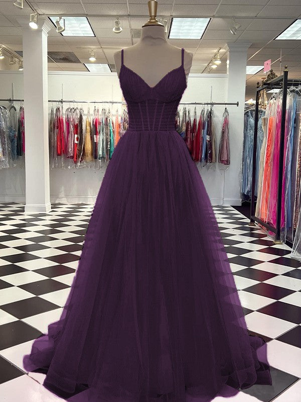 A-Line/Princess Tulle Ruffles V-neck Sleeveless Sweep/Brush Train Prom Dress