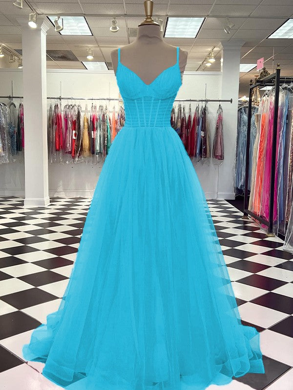 A-Line/Princess Tulle Ruffles V-neck Sleeveless Sweep/Brush Train Prom Dress
