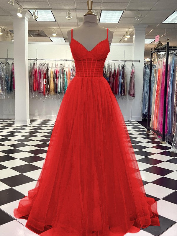 A-Line/Princess Tulle Ruffles V-neck Sleeveless Sweep/Brush Train Prom Dress