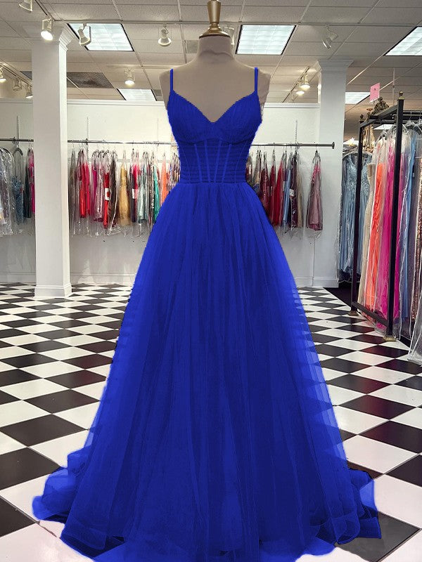 A-Line/Princess Tulle Ruffles V-neck Sleeveless Sweep/Brush Train Prom Dress