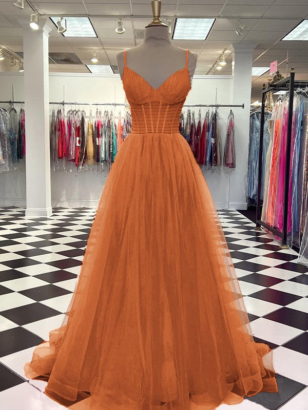 A-Line/Princess Tulle Ruffles V-neck Sleeveless Sweep/Brush Train Prom Dress