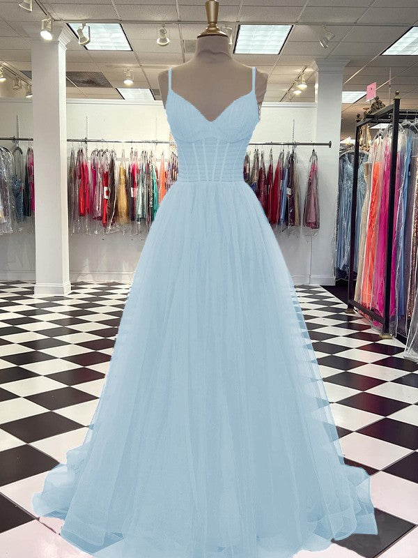 A-Line/Princess Tulle Ruffles V-neck Sleeveless Sweep/Brush Train Prom Dress