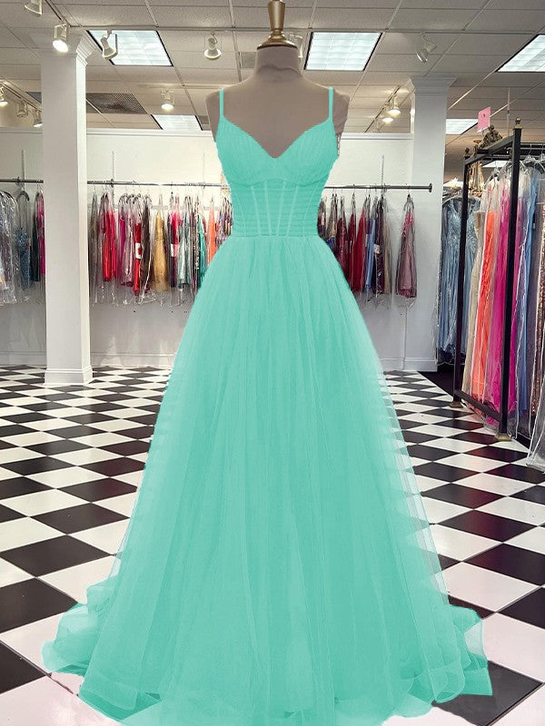 A-Line/Princess Tulle Ruffles V-neck Sleeveless Sweep/Brush Train Prom Dress