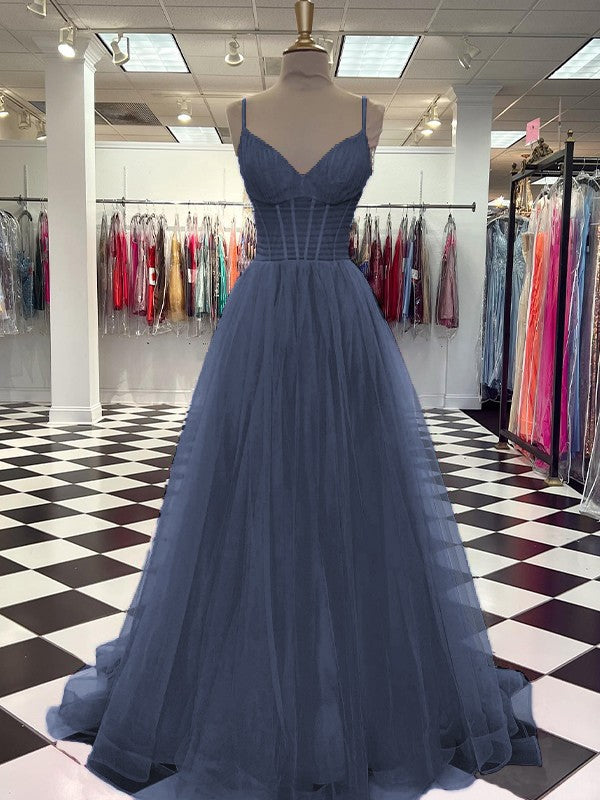 A-Line/Princess Tulle Ruffles V-neck Sleeveless Sweep/Brush Train Prom Dress