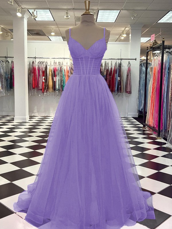 A-Line/Princess Tulle Ruffles V-neck Sleeveless Sweep/Brush Train Prom Dress