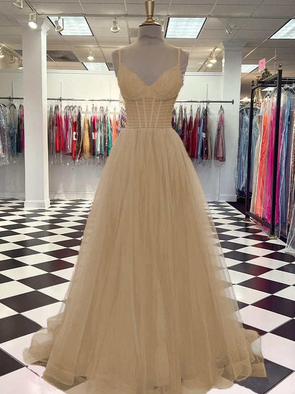 A-Line/Princess Tulle Ruffles V-neck Sleeveless Sweep/Brush Train Prom Dress