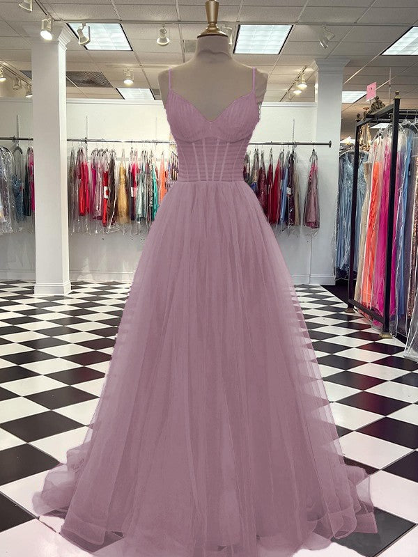 A-Line/Princess Tulle Ruffles V-neck Sleeveless Sweep/Brush Train Prom Dress