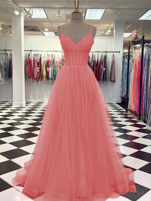 A-Line/Princess Tulle Ruffles V-neck Sleeveless Sweep/Brush Train Prom Dress
