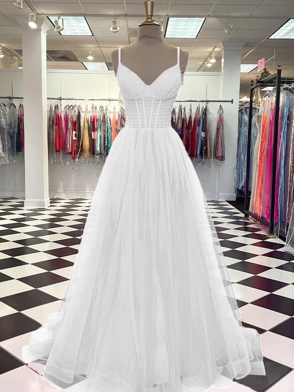 A-Line/Princess Tulle Ruffles V-neck Sleeveless Sweep/Brush Train Prom Dress