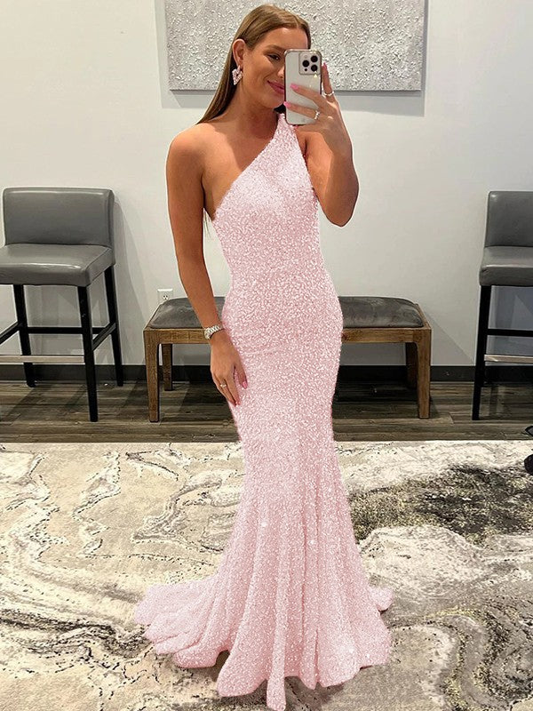 Sheath/Column Velvet Sequins Ruffles One-Shoulder Sleeveless Sweep/Brush Train Prom Dress