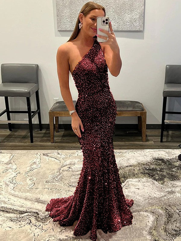 Sheath/Column Velvet Sequins Ruffles One-Shoulder Sleeveless Sweep/Brush Train Prom Dress