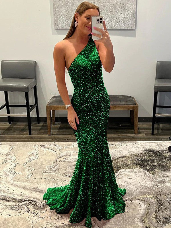Sheath/Column Velvet Sequins Ruffles One-Shoulder Sleeveless Sweep/Brush Train Prom Dress