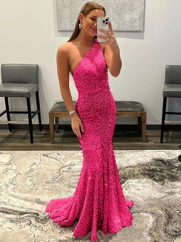 Sheath/Column Velvet Sequins Ruffles One-Shoulder Sleeveless Sweep/Brush Train Prom Dress
