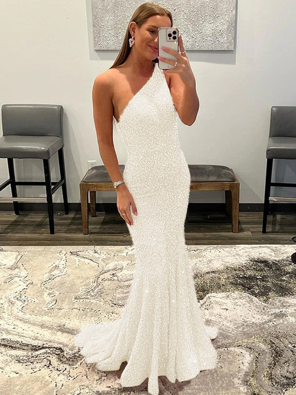 Sheath/Column Velvet Sequins Ruffles One-Shoulder Sleeveless Sweep/Brush Train Prom Dress