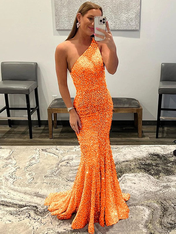 Sheath/Column Velvet Sequins Ruffles One-Shoulder Sleeveless Sweep/Brush Train Prom Dress