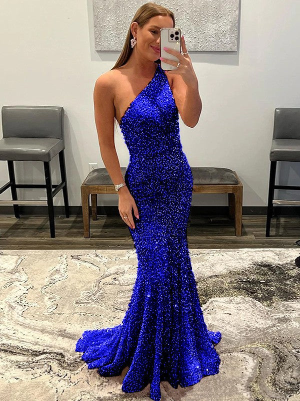 Sheath/Column Velvet Sequins Ruffles One-Shoulder Sleeveless Sweep/Brush Train Prom Dress