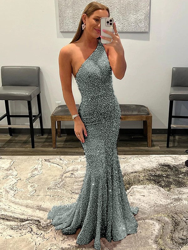Sheath/Column Velvet Sequins Ruffles One-Shoulder Sleeveless Sweep/Brush Train Prom Dress