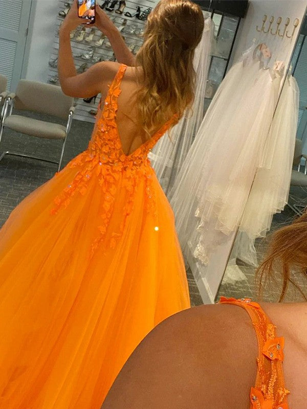 Ball Gown Tulle Applique V-neck Sleeveless Floor-Length Prom Dress