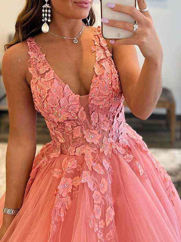 Ball Gown Tulle Applique V-neck Sleeveless Floor-Length Prom Dress