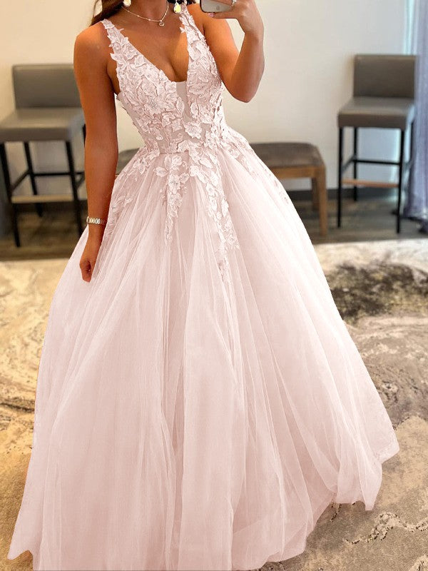Ball Gown Tulle Applique V-neck Sleeveless Floor-Length Prom Dress