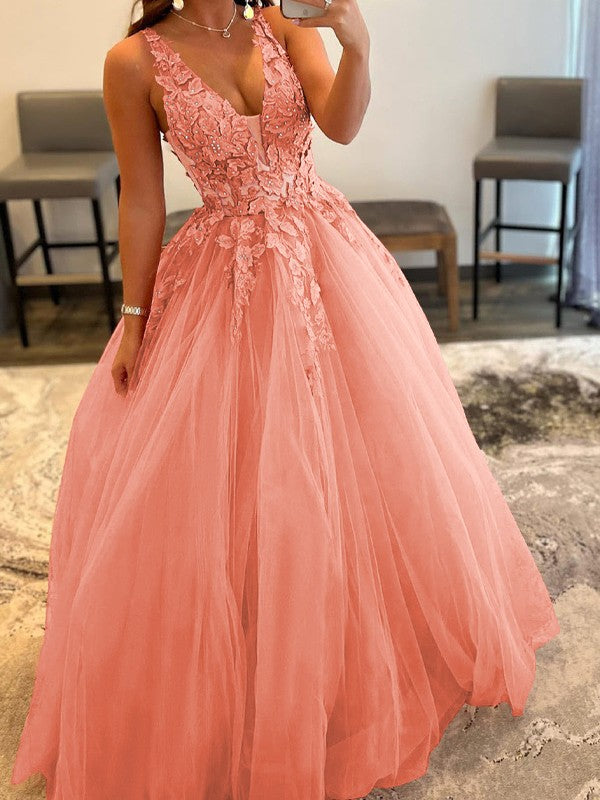 Ball Gown Tulle Applique V-neck Sleeveless Floor-Length Prom Dress