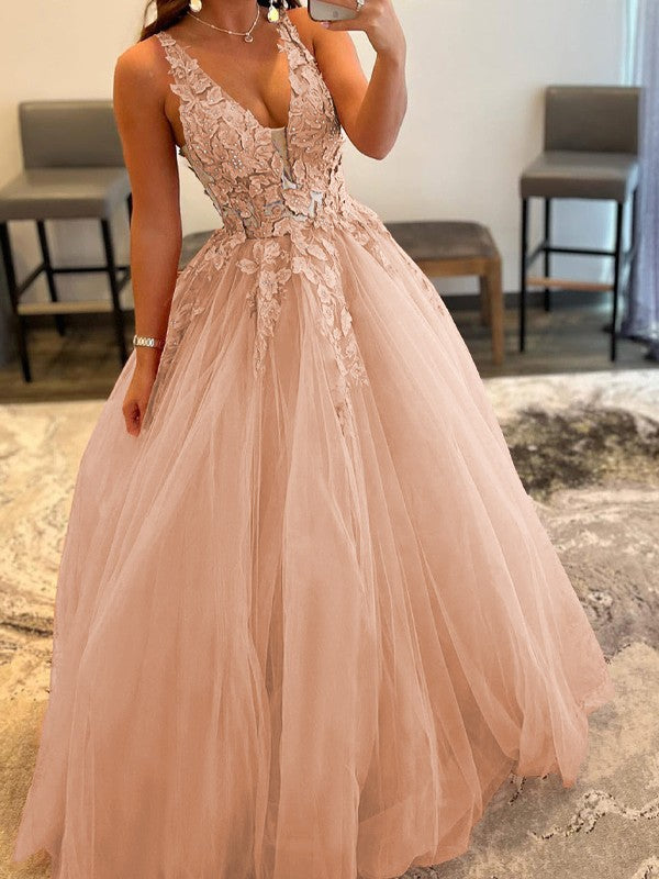 Ball Gown Tulle Applique V-neck Sleeveless Floor-Length Prom Dress