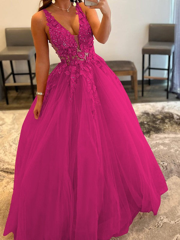 Ball Gown Tulle Applique V-neck Sleeveless Floor-Length Prom Dress