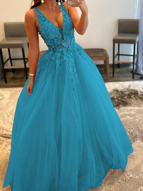 Ball Gown Tulle Applique V-neck Sleeveless Floor-Length Prom Dress