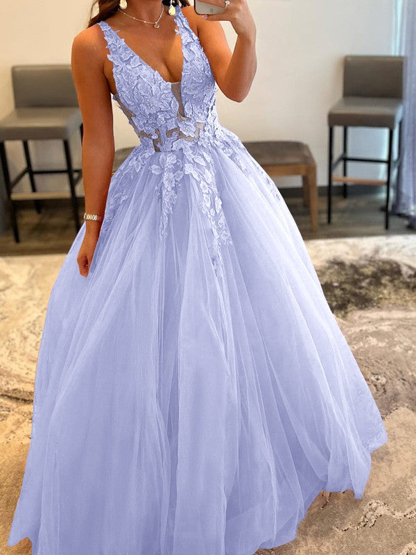 Ball Gown Tulle Applique V-neck Sleeveless Floor-Length Prom Dress