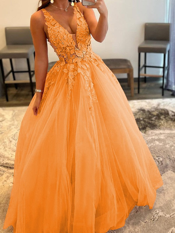 Ball Gown Tulle Applique V-neck Sleeveless Floor-Length Prom Dress