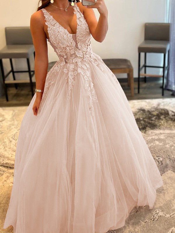Ball Gown Tulle Applique V-neck Sleeveless Floor-Length Prom Dress