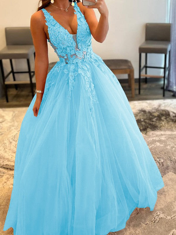 Ball Gown Tulle Applique V-neck Sleeveless Floor-Length Prom Dress