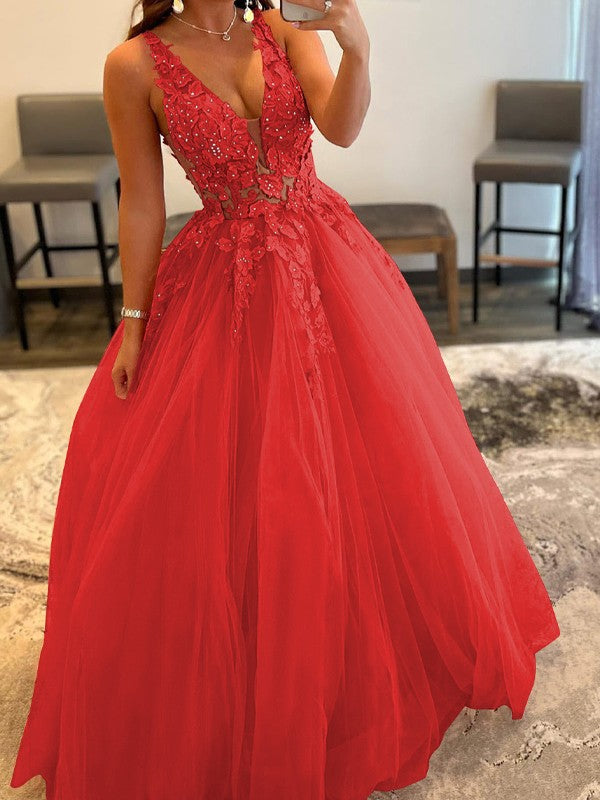 Ball Gown Tulle Applique V-neck Sleeveless Floor-Length Prom Dress