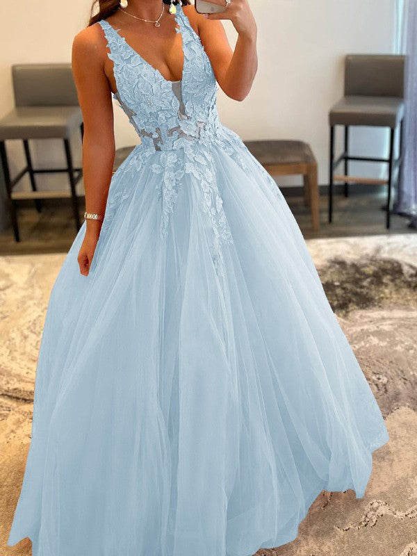 Ball Gown Tulle Applique V-neck Sleeveless Floor-Length Prom Dress