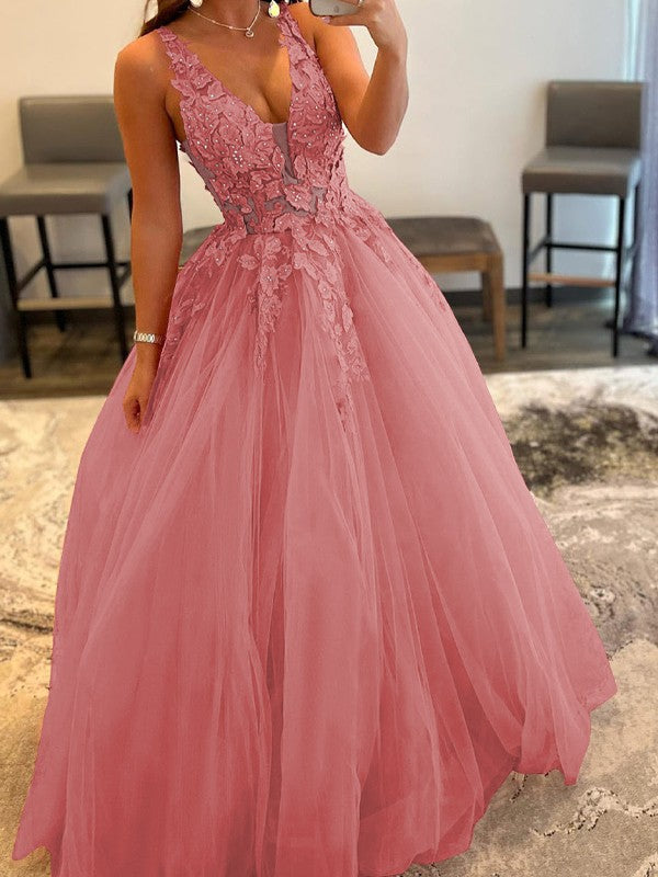 Ball Gown Tulle Applique V-neck Sleeveless Floor-Length Prom Dress