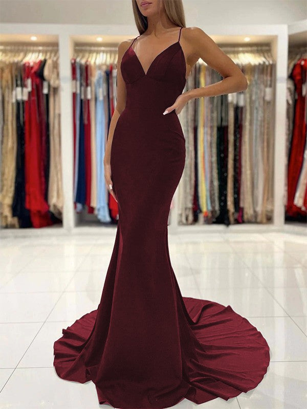 Sheath/Column Stretch Crepe Ruffles V-neck Sleeveless Sweep/Brush Train Prom Dress