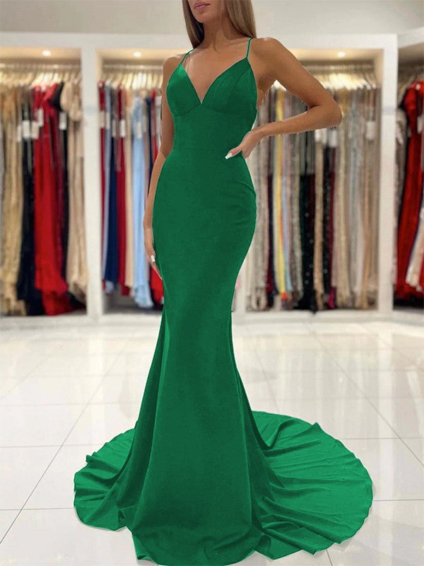 Sheath/Column Stretch Crepe Ruffles V-neck Sleeveless Sweep/Brush Train Prom Dress
