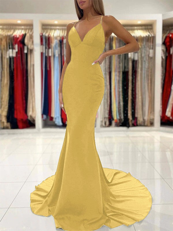 Sheath/Column Stretch Crepe Ruffles V-neck Sleeveless Sweep/Brush Train Prom Dress