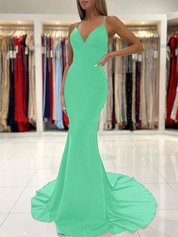 Sheath/Column Stretch Crepe Ruffles V-neck Sleeveless Sweep/Brush Train Prom Dress