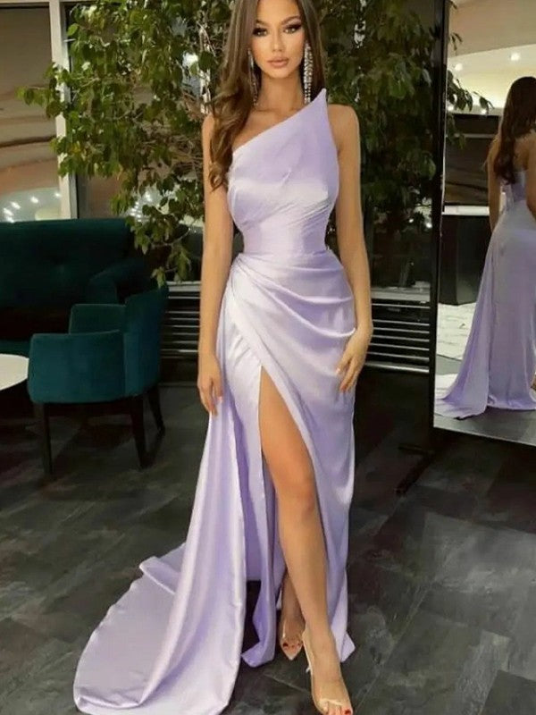 Sheath/Column Silk like Satin Ruched Strapless Sleeveless Sweep/Brush Train Prom Dress