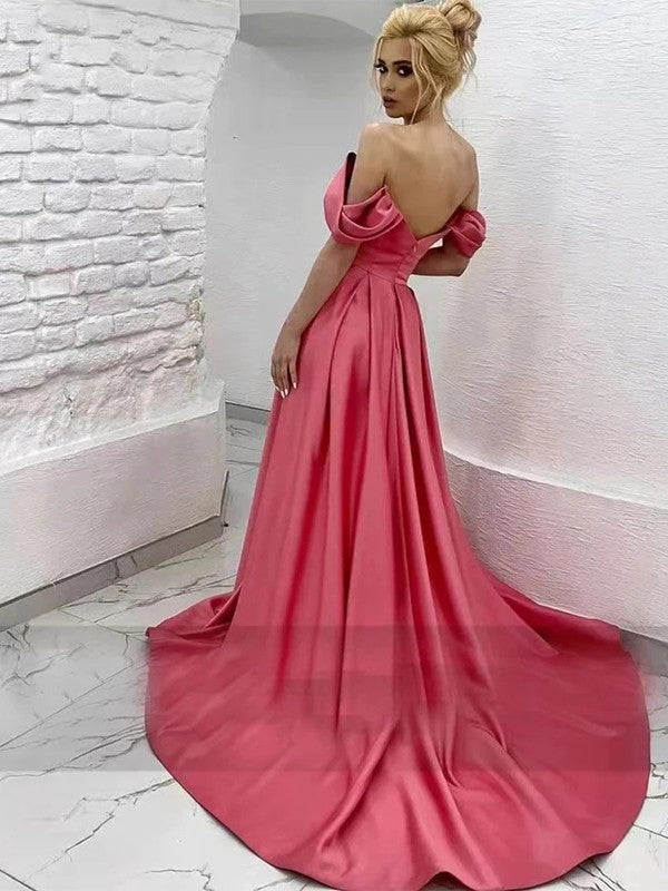 A-Line/Princess Satin Ruffles Off-the-Shoulder Sleeveless Sweep/Brush Train Prom Dress