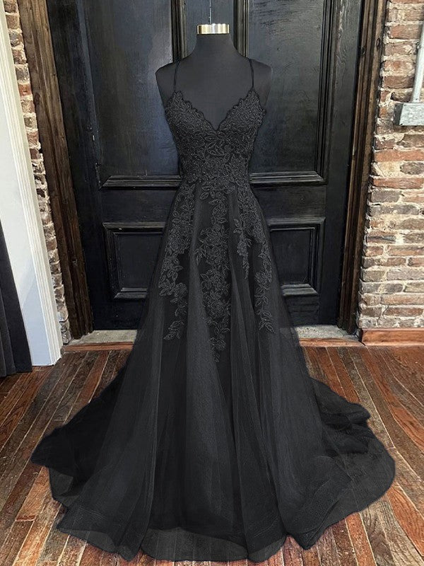 A-Line/Princess Tulle Applique V-neck Sleeveless Sweep/Brush Train Bridesmaid Dresses